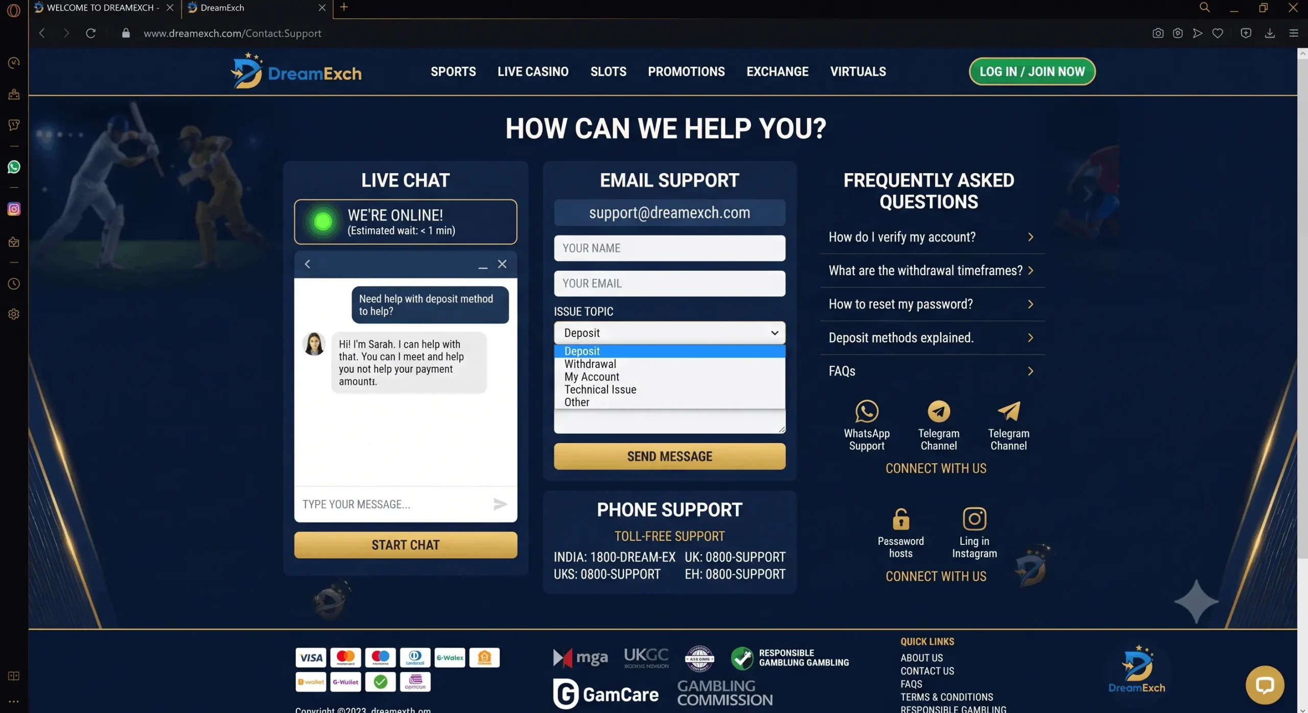 dreamexch customer care number